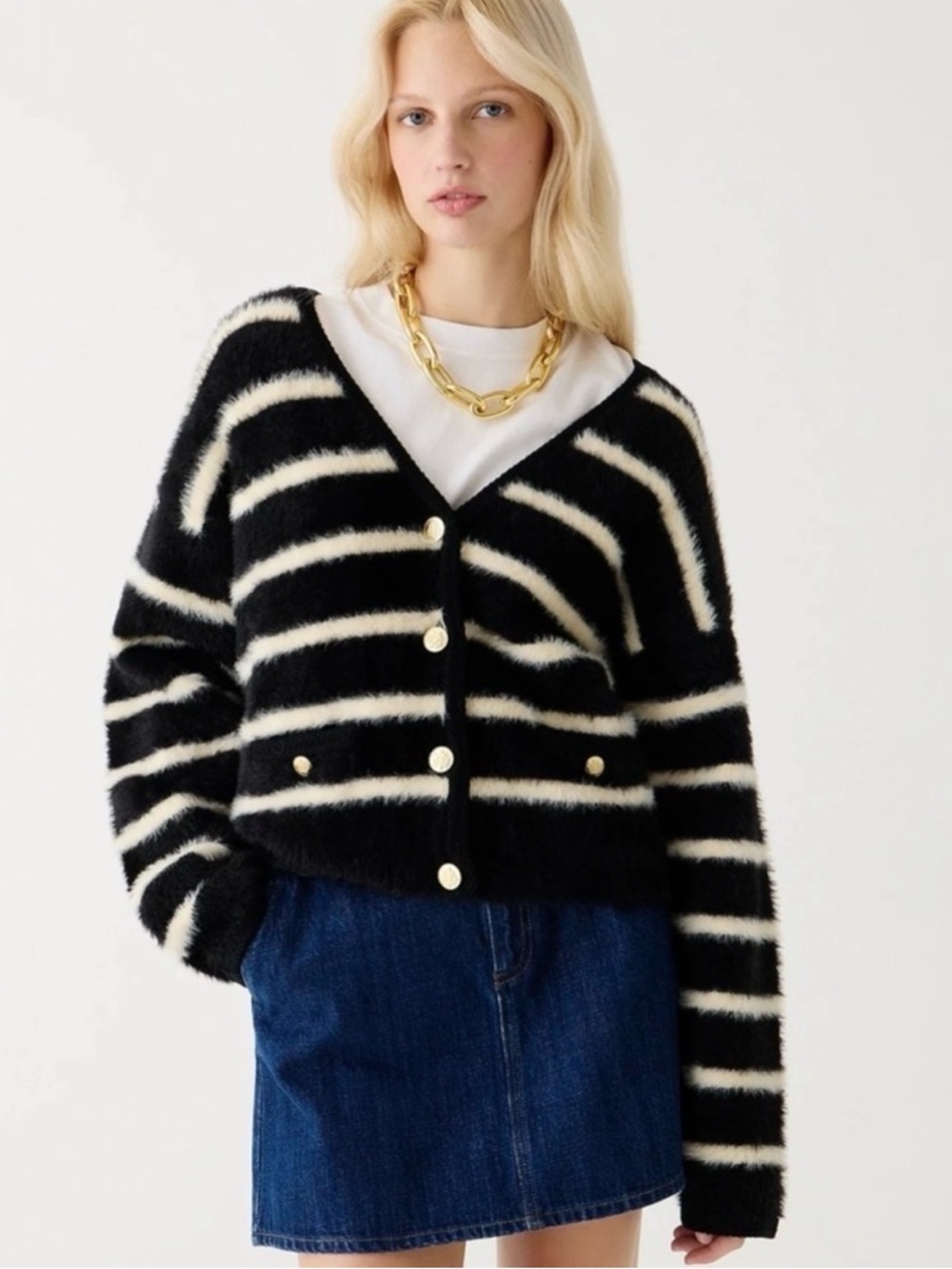 J. Crew Black ⚓️ and Cream Striped Fuzzy Cardigan with Gold Buttons